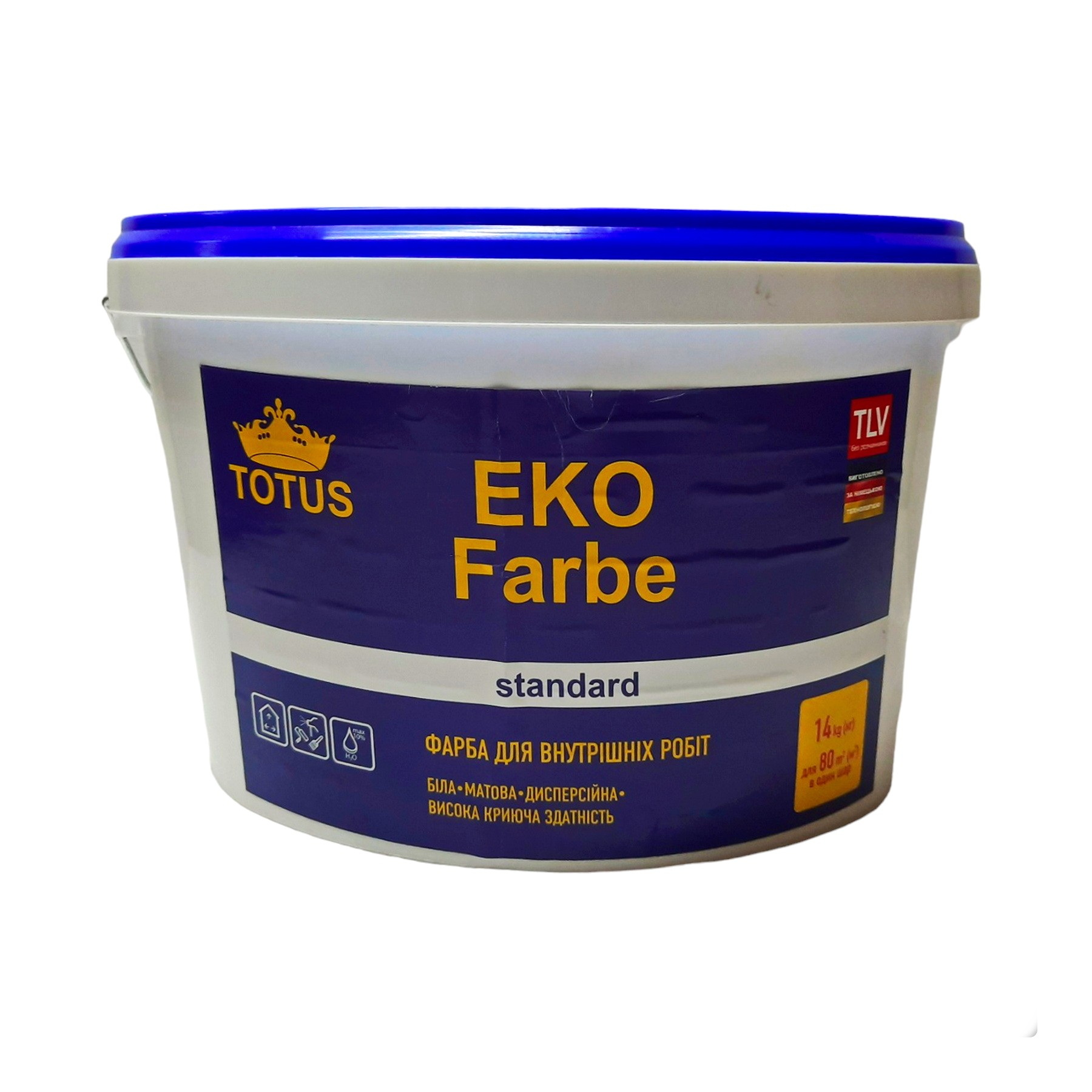 Фарба для внутрішніх робіт TOTUS Eco Farbe Standard 1 інтер'єрна для стін та стель, акрилова, латексна, водоемульсійна, мат білий, 14 кг